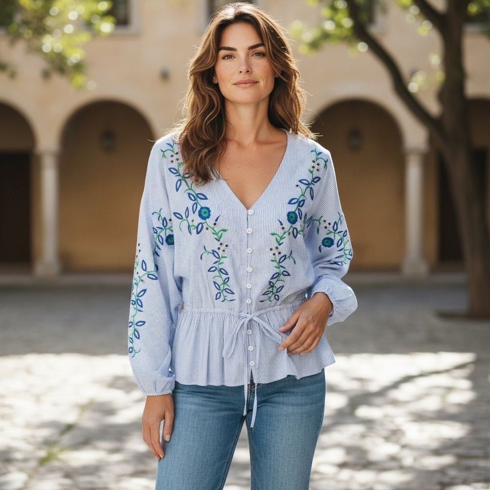 ☀️☀️☀️ Karen Kane V Neck StripedEmbroidered Floral Women's Top Drawstring Waist